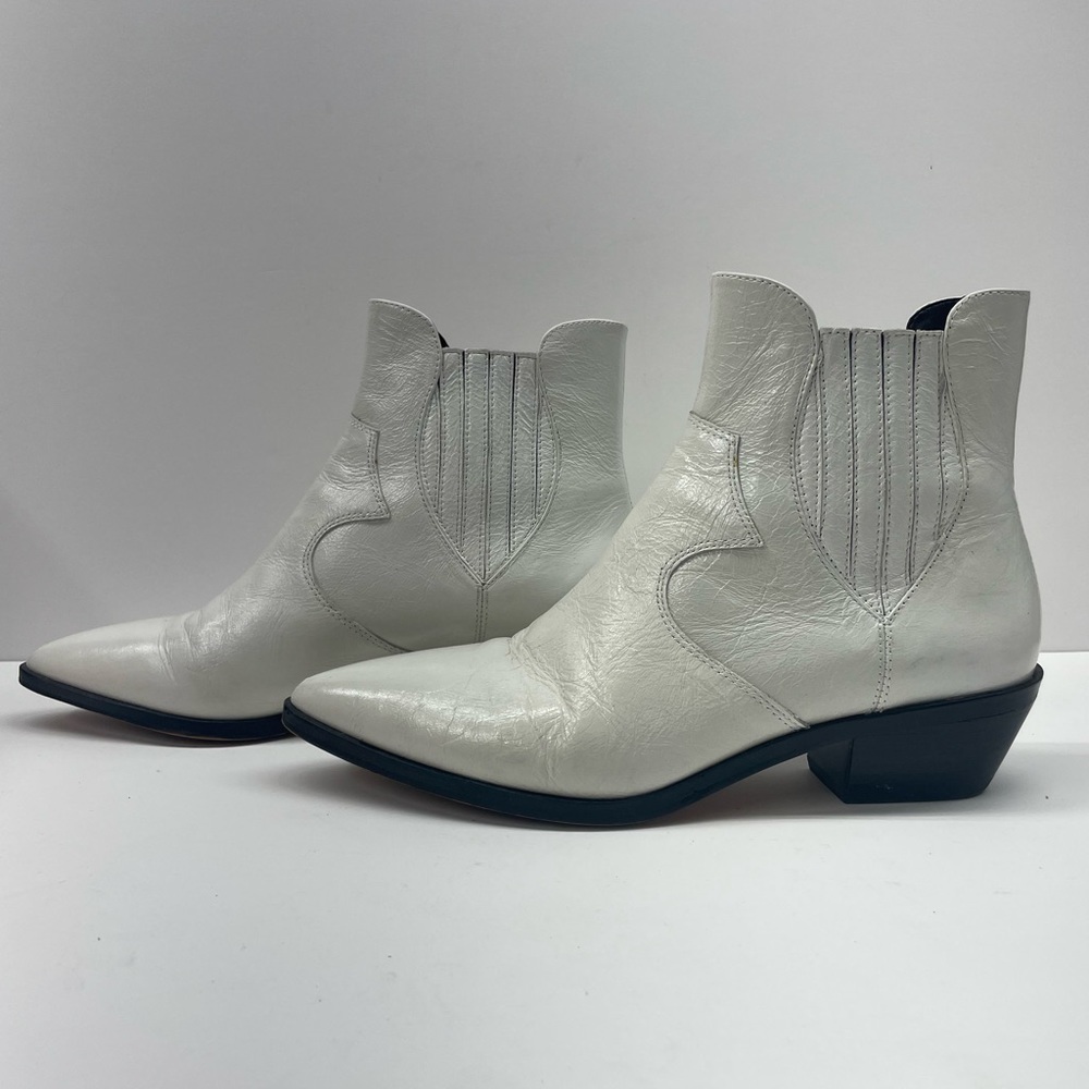 Rebecca Minkoff White Patent Crinkle Leather Pointed Toe Leather Low Heel Bootie